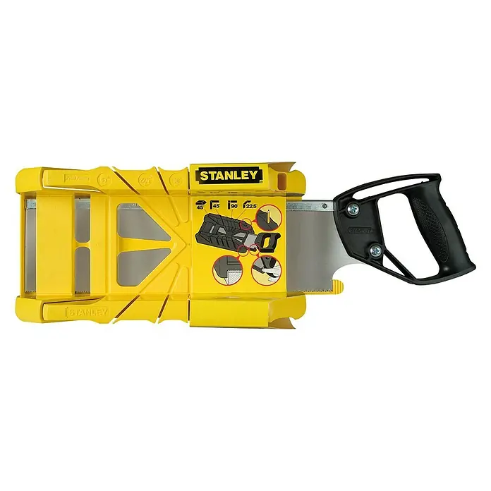 Stanley Gehrungsschneidladen-Set - Blattlänge: 355 mm, 350 x 143 x 95 mm - Gelbe Stanley-Gehrungslade mit Metallsägeblatt und schwarzem Griff für präzise Holzzuschnitte bei Bauprojekten.