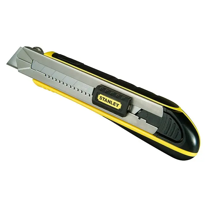 Stanley Cuttermesser - Trennbare Klingen, Gesamtstückzahl: 4 Stk. - Ein Stanley-Messer mit gelbem Griff, scharfer Klinge und robuster Konstruktion, ideal zum Schneiden von verschiedenen Materialien.