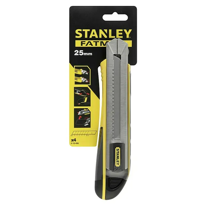 Stanley Cuttermesser - Trennbare Klingen, Gesamtstückzahl: 4 Stk. - Stanley FatMax 25mm Cuttermesser in Gelb/Schwarz, ideal für präzise Schnitte und robuste Anwendungen. Das Werkzeug für Handwerker und Heimwerker.