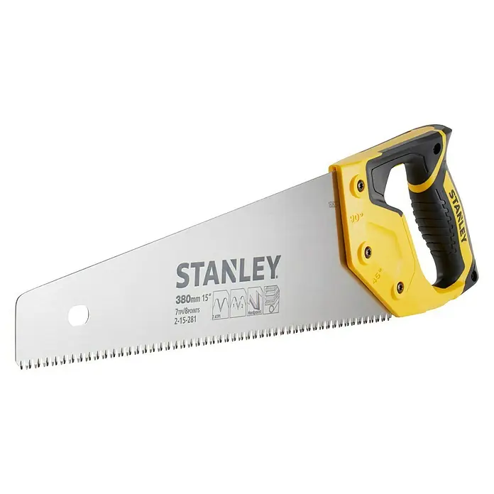 Stanley Handsäge Jetcut - Blattlänge: 380 mm - Nahaufnahme einer Stanley Handsäge mit gelbem Griff und scharfen Zähnen, ideal für präzise Holzarbeiten und Heimwerkerprojekte.