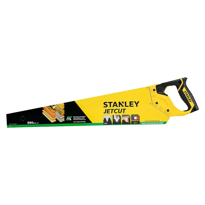 Stanley Handsäge - Blattlänge: 550 mm, 7 Stk. - Stanley JetCut Handsäge mit gelbem Griff und Blatt, ideal für schnelle und effiziente Schnitte bei schweren Arbeiten.
