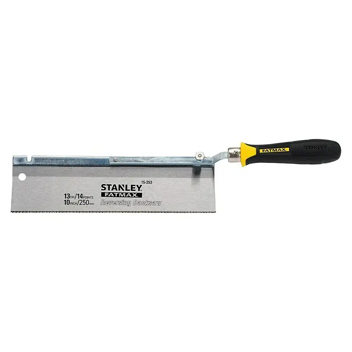 Stanley FatMax Feinsäge - Länge: 250 mm, Anzahl Zähne: 13 Stk. - Stanley FatMax Reversing Backsaw mit 13/14 Zähnen pro Zoll und 250mm Sägeblattlänge. Das Werkzeug hat einen gelb-schwarzen Griff.