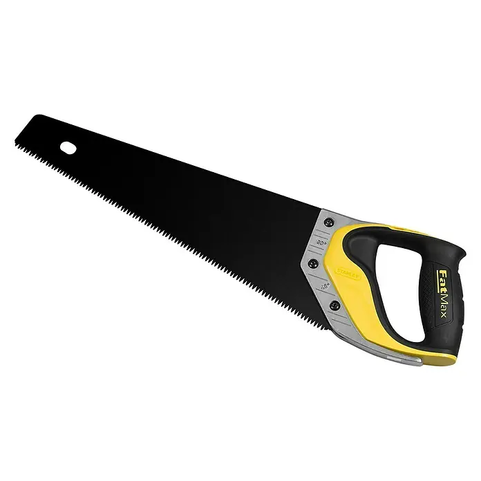 Stanley FatMax Handsäge Gen2 Appliflon - Länge: 380 mm - Nahaufnahme einer Handsäge mit schwarzem Blatt und gelb-schwarzem Griff. Ideal zum Sägen von Holz, die Marke ist FatMax.