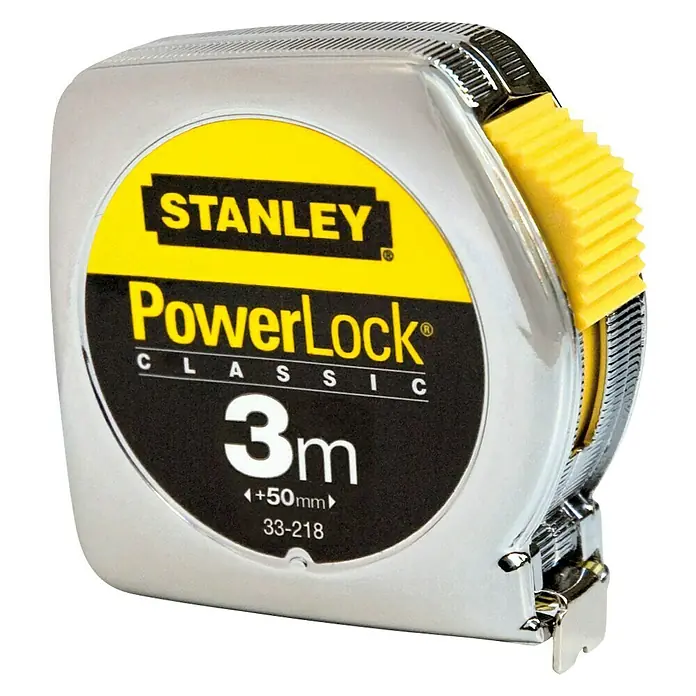 Stanley Kapselmaßband PowerLock - 3 m - Nahaufnahme eines Stanley PowerLock Classic 3m Rollbandmaßes mit gelbem Knopf und silbernem Gehäuse, ideal für genaue Messungen.