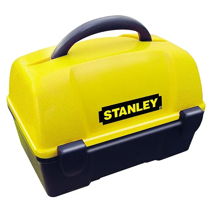 Stanley Optisches Nivelliergerät AL 24 GVP - 6 -tlg. - Gelber und schwarzer Stanley Werkzeugkasten mit schwarzem Griff. Ideal für die Aufbewahrung und den Transport von Werkzeugen.