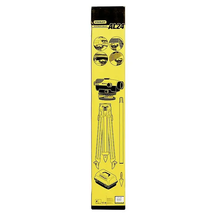 Stanley Optisches Nivelliergerät AL 24 GVP - 6 -tlg. - Abbildung einer Stanley AL24 24X Automatic Level Kit-Box. Das gelbe Kit enthält ein Stativ, eine Stange, eine Box und ein Handwerkzeug.