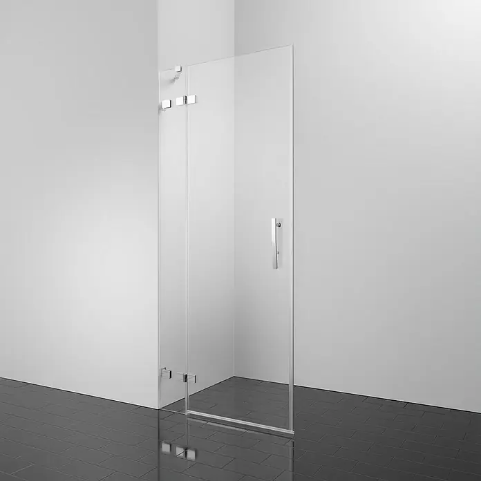 Camargue Air 2.0 Dusch-Drehtür C73L - 87 x 200 cm, Beschichtet, Glasstärke: 8 mm, Chrom, DIN Anschlag: Links - Minimalistische Duschkabine mit klaren Glaswänden und Chrombeschlägen, die modernes Design und Funktionalität vereint.