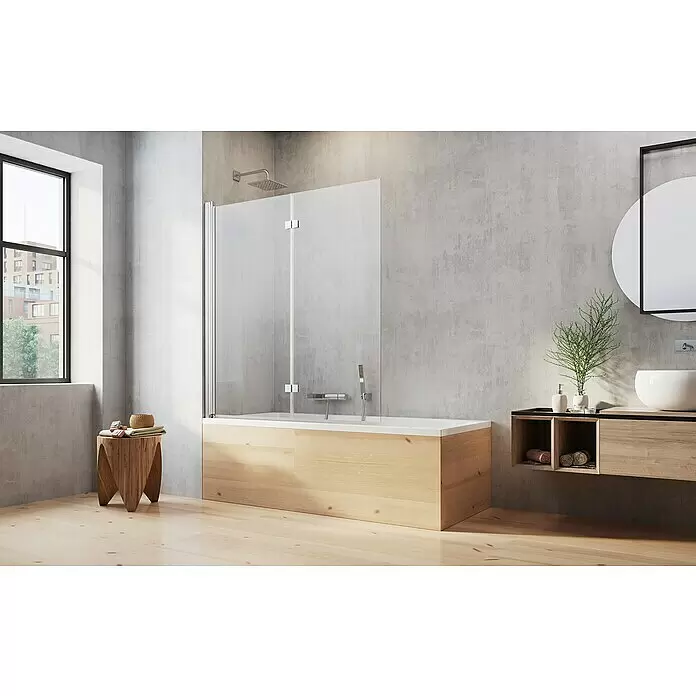 Camargue Vario Badewannenaufsatz S85 - B x H: 140 x 150 cm, 2 Stk., Chrom - Ein modernes Badezimmer mit einer weißen Badewanne mit heller Holzverkleidung und einer Duschwand aus Klarglas, neben einem passenden Waschtischunterschrank aus Holz.