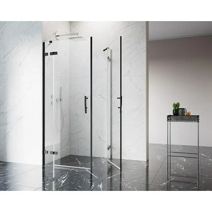 Camargue Air 2.0 Eckdusche B73+B74 - 87 x 97 x 200 cm, Beschichtet, Schwarz, Glasstärke: 8 mm - Ein modernes Badezimmer mit einer stilvollen Duschkabine mit schwarzen Rahmen und Marmorfliesen.