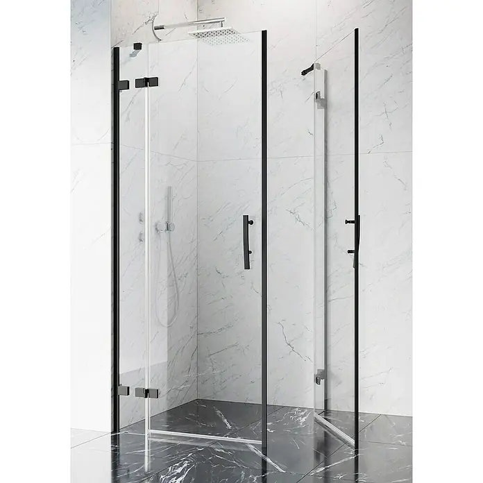 Camargue Air 2.0 Eckdusche B73+B74 - 87 x 97 x 200 cm, Beschichtet, Schwarz, Glasstärke: 8 mm - Elegante Duschkabine mit schwarzen Rahmen und klarem Glas. Das moderne Design passt perfekt in jedes Badezimmer und bietet eine stilvolle Duscherfahrung.