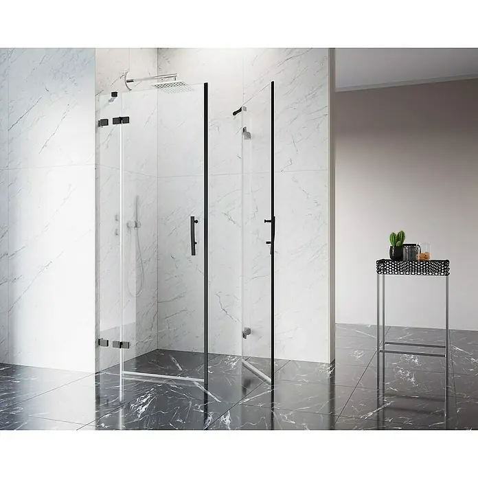 Camargue Air 2.0 Eckdusche B73+B74 - 87 x 97 x 200 cm, Beschichtet, Schwarz, Glasstärke: 8 mm - Ein elegantes Badezimmer mit einer modernen Duschkabine mit schwarzen Akzenten und Marmorfliesen. Die Duschkabine ist der Hingucker im Raum.