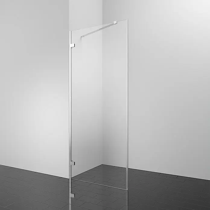 Camargue Air 2.0 Duschwand C76 - B x H: 77 x 200 cm, Beschichtet, Chrom - Duschabtrennung aus Glas mit Chrombeschlägen vor weißer Wand und dunklem Fliesenboden für moderne Badezimmerdesigns.