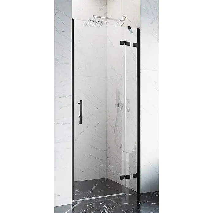 Camargue Air 2.0 Nischendusche B72R+B29 - 77 x 200 cm, Beschichtet, Schwarz, 8 mm, DIN Anschlag: Rechts - Elegante Duschkabine mit schwarzem Rahmen und klarem Glas. Das moderne Design fügt sich nahtlos in jedes Badezimmer ein und bietet eine stilvolle Duschlösung.