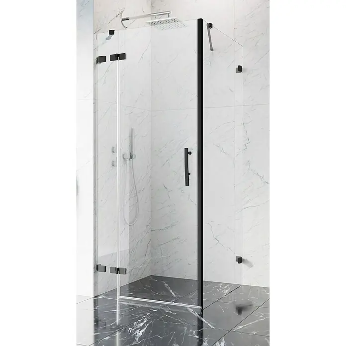 Camargue Air 2.0 Eckdusche B73L+B78 - L x B x H: 87 x 97 x 200 cm, Beschichtet, Schwarz, Glasstärke: 8 mm, DIN Anschlag: Links - Schwarze Duschkabine aus Glas mit Griff. Ideal für moderne Badezimmer, bietet sie Stil und Funktionalität.