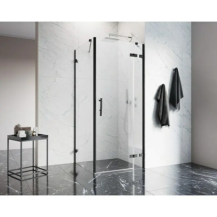 Camargue Air 2.0 Eckdusche B73R+B78 - L x B x H: 87 x 97 x 200 cm, Beschichtet, Schwarz, Glasstärke: 8 mm, DIN Anschlag: Rechts - Schwarze Duschkabine mit klaren Glaspaneelen, die ein modernes Badezimmerdesign hervorhebt. Perfekt für eine stilvolle Badrenovierung.