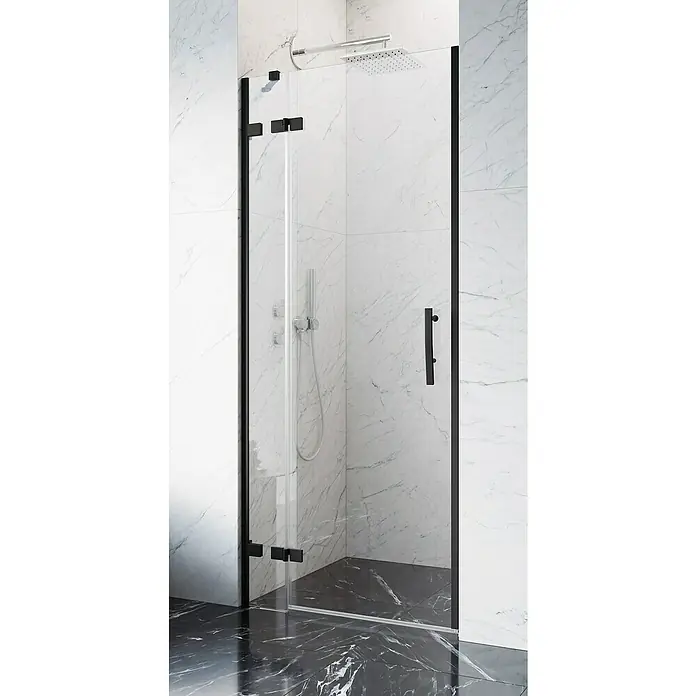 Camargue Air 2.0 Nischendusche B73L+B29 - 87 x 200 cm, Beschichtet, Schwarz, 8 mm, DIN Anschlag: Links - Schwarze Duschkabine mit klarem Glas. Die Duschkabine hat einen schwarzen Rahmen und Beschläge. Der Boden ist aus schwarzem Marmor.