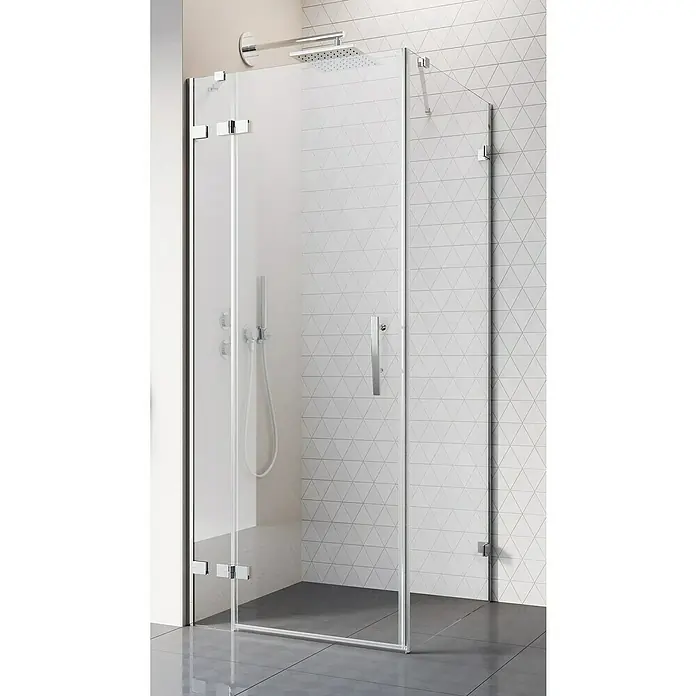 Camargue Air 2.0 Eckdusche C74L+C76 - 97 x 77 x 200 cm, Beschichtet, Chrom, Glasstärke: 8 mm - Ein modernes Duschpaneel mit klaren Glaswänden und minimalistischen Chromdetails, ideal für ein stilvolles Badezimmerdesign.