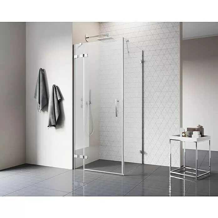 Camargue Air 2.0 Eckdusche C73L+C76 - 87 x 77 x 200 cm, Beschichtet, Chrom, Glasstärke: 8 mm - Glasduschtür mit Chrombeschlägen in einem modernen Badezimmer.