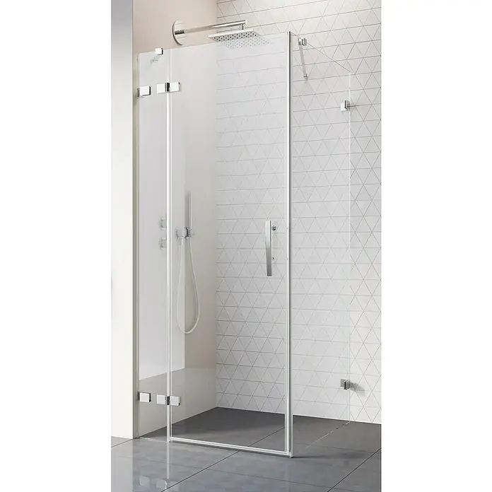 Camargue Air 2.0 Eckdusche C74L+C76 - 97 x 77 x 200 cm, Beschichtet, Chrom, Glasstärke: 8 mm - Duschkabine mit klaren Glaswänden und Chrombeschlägen, die ein modernes und elegantes Badezimmerdesign zeigt.