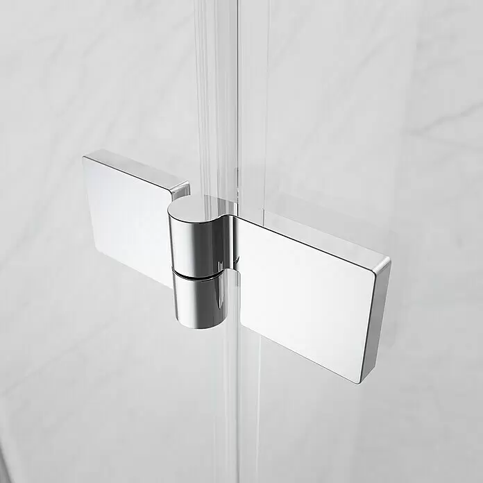 Camargue Air 2.0 Eckdusche C74L+C78 - 97 x 97 x 200 cm, Beschichtet, Chrom, Glasstärke: 8 mm - Poliertes Chrom-Duschscharnier, das zwei klare Glaspaneele sicher verbindet.