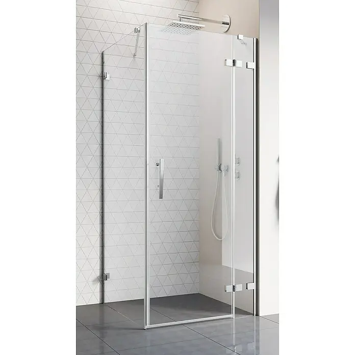 Camargue Air 2.0 Eckdusche C72R+C78 - 77 x 97 x 200 cm, Beschichtet, Chrom, Glasstärke: 8 mm - Bild einer modernen Duschkabine mit Glaswänden und Chrombeschlägen, die ein elegantes Badezimmerdesign zeigt.