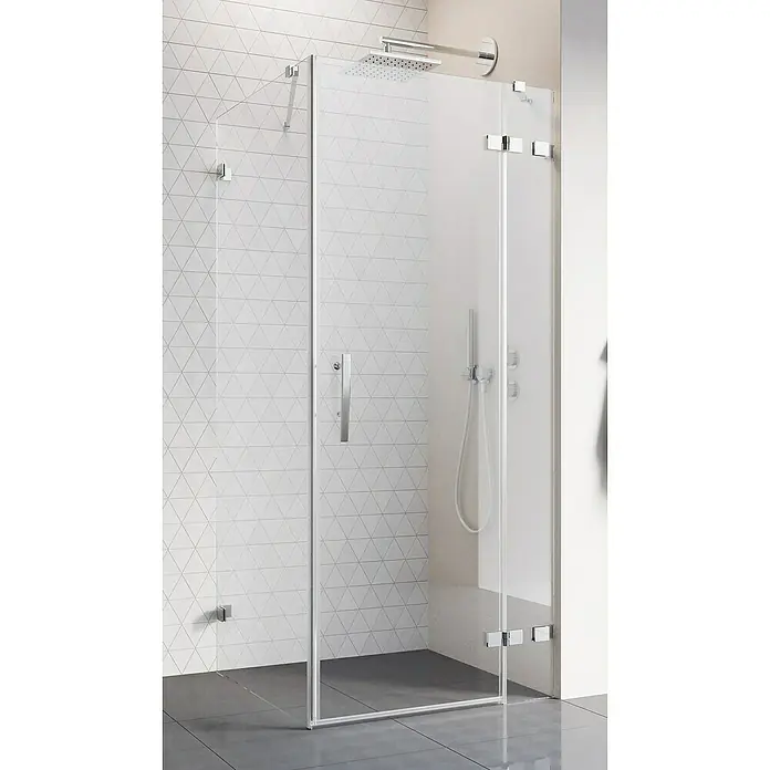 Camargue Air 2.0 Eckdusche C72R+C78 - 77 x 97 x 200 cm, Beschichtet, Chrom, Glasstärke: 8 mm - Elegante Duschkabine mit klaren Glaswänden und minimalistischen Chrombeschlägen für ein modernes Badezimmerdesign.