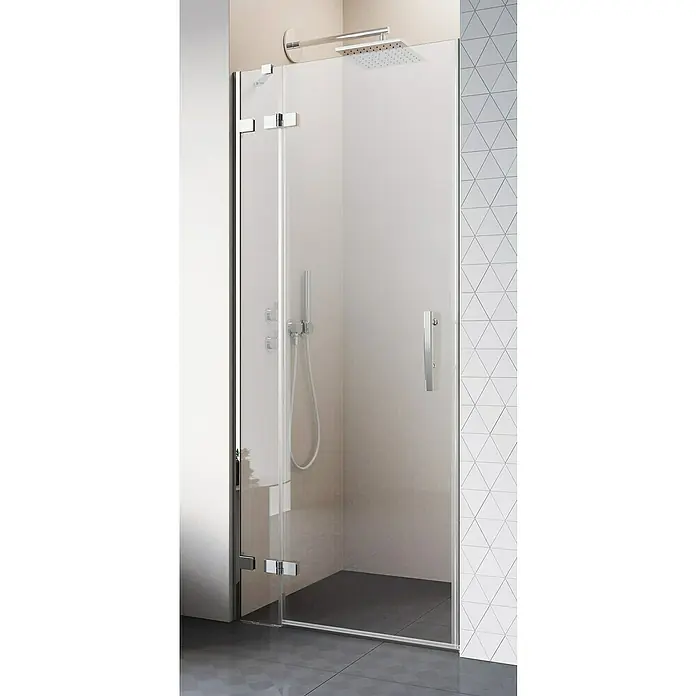 Camargue Air 2.0 Nischendusche C73L+C29 - 87 x 200 cm, Beschichtet, Chrom, 8 mm, DIN Anschlag: Links - Elegante Duschkabine mit klaren Glaswänden und minimalistischen Chrombeschlägen, die modernes Design und Funktionalität vereint. Die Duscharmatur ist ebenfalls in Chrom gehalten.