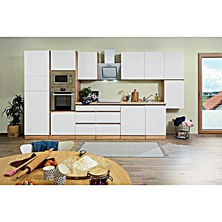 Respekta Premium Küchenzeile GLRP395HESWMGKE (Breite: 395 cm, Weiß, Matt, Dekor Arbeitsplatte: Holzoptik, Mit Elektrogeräten)