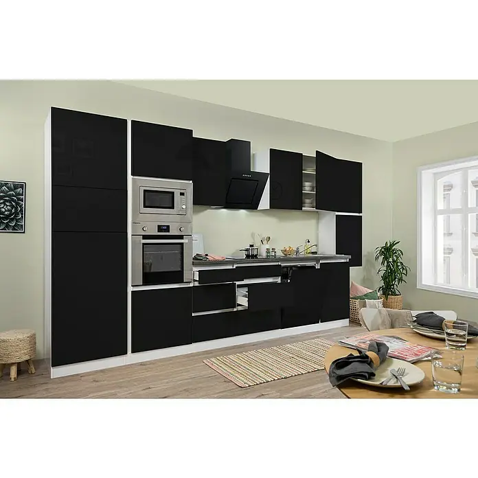 Respekta Premium Küchenzeile Lorena - Breite: 395 cm, Schwarz, Hochglänzend, Dekor Arbeitsplatte: Steinoptik, Mit Elektrogeräten - Moderne Küche mit schwarzen Schränken, Edelstahlgeräten und einem stilvollen Essbereich. Die Küche bietet elegantes Design und Funktionalität.