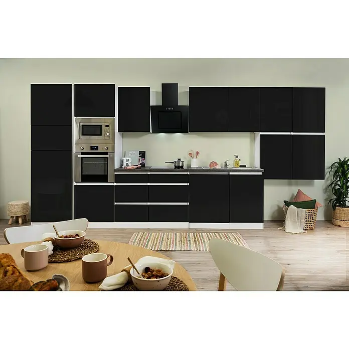 Respekta Premium Küchenzeile Lorena - Breite: 445 cm, Schwarz, Hochglänzend, Dekor Arbeitsplatte: Steinoptik, Mit Elektrogeräten - Moderne schwarze Küche mit glänzenden Oberflächen und integrierten Geräten für ein stilvolles und funktionales Küchendesign.