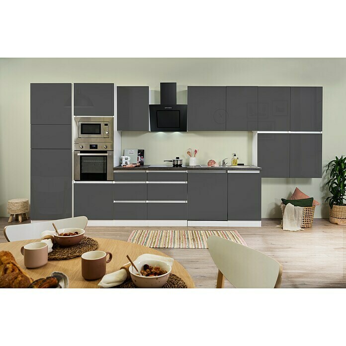 Respekta Premium Küchenzeile GLRP445HWGGKE (Breite: 445 cm, Mit Elektrogeräten, Grau Hochglanz)