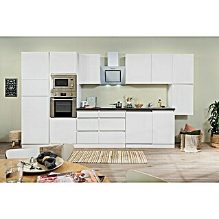 Respekta Premium Küchenzeile GLRP395HWWMGKE (Breite: 395 cm, Weiß, Matt, Dekor Arbeitsplatte: Steinoptik, Mit Elektrogeräten)