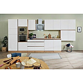 Respekta Premium Küchenzeile GLRP445HESWMGKE (Breite: 445 cm, Weiß, Matt, Dekor Arbeitsplatte: Holzoptik, Mit Elektrogeräten)