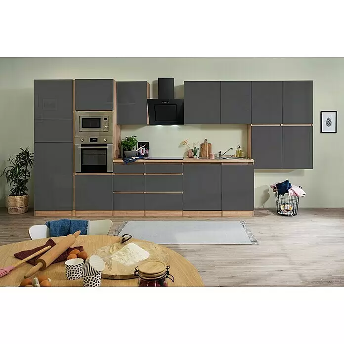 Respekta Premium Küchenzeile Lorena - Breite: 445 cm, Grau, Hochglänzend, Dekor Arbeitsplatte: Holzoptik, Mit Elektrogeräten - Stimmungsaufnahme