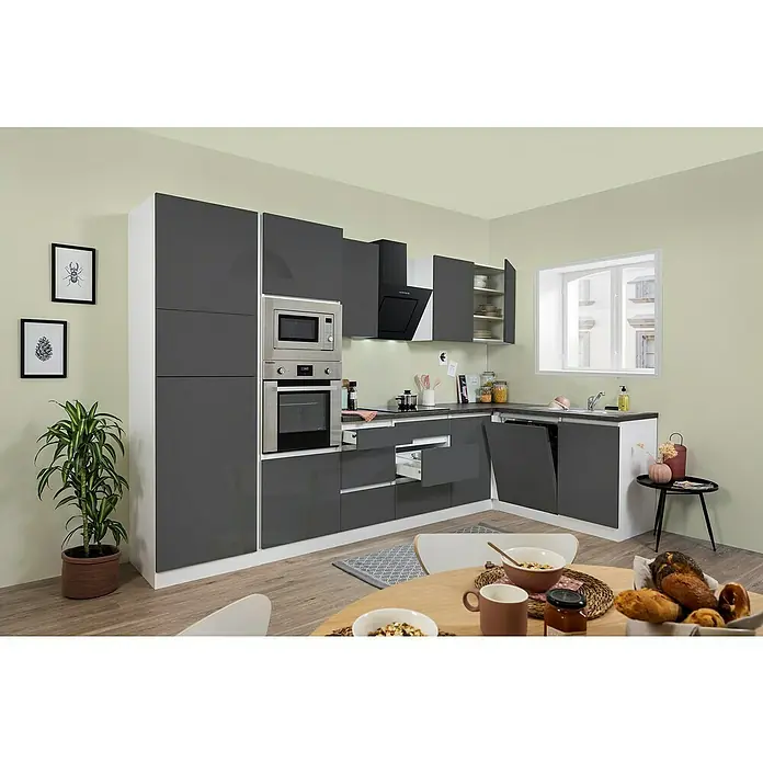 Respekta Premium Winkelküche Lorena - Breite: 345 cm, Grau, Hochglänzend, Steinoptik, Mit Elektrogeräten - Elegante Küche mit grauen Schränken, modernen Geräten und einem hellen Essbereich. Das Interieurdesign ist stilvoll und funktional gestaltet.