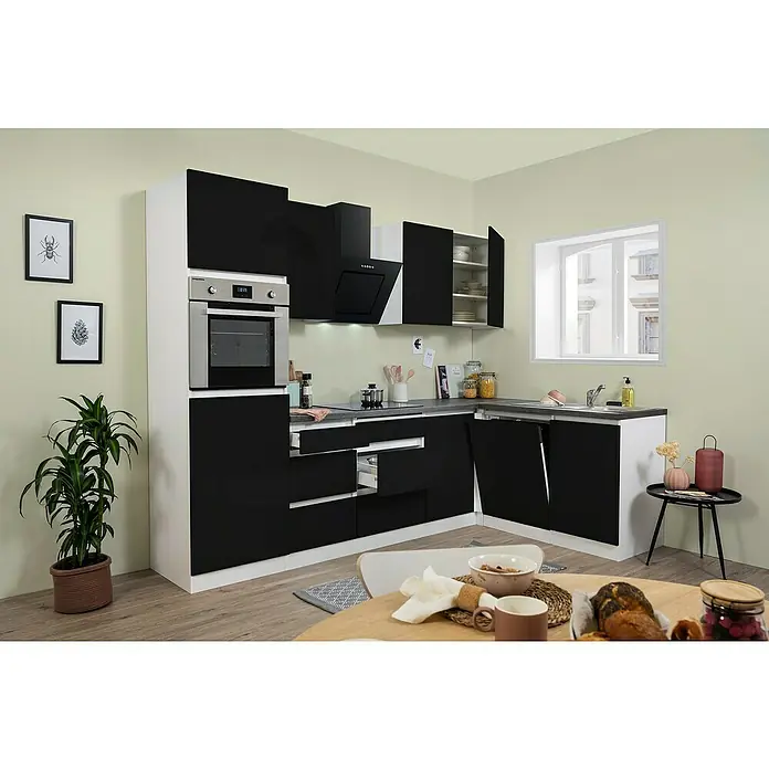 Respekta Premium Winkelküche Lorena - Breite: 280 cm, Schwarz, Hochglänzend, Steinoptik, Mit Elektrogeräten - Moderne Küche in Schwarz und Weiß mit hochwertigen Geräten und stilvollem Design für ein angenehmes Kocherlebnis.