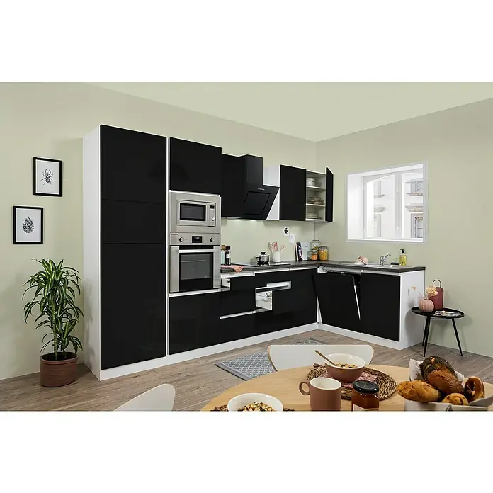 Respekta Premium Winkelküche Lorena - Breite: 345 cm, Schwarz, Hochglänzend, Steinoptik, Mit Elektrogeräten - Moderne Küche in Schwarz und Weiß. Einbaugeräte inklusive Mikrowelle und Ofen integriert. Helle Akzente und stilvolles Design.