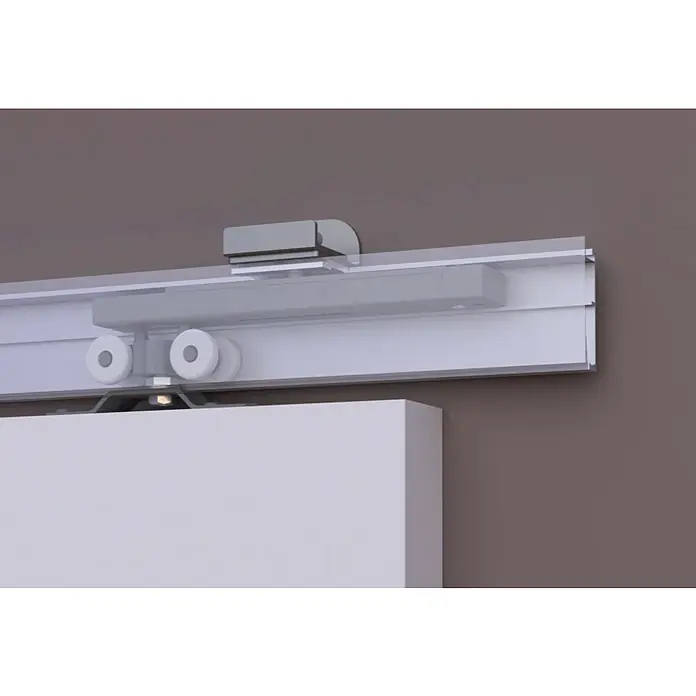 Optimum Schiebetür-Komplettset Optirail - 83 x 204 cm, Weiß, Wabe - Detailansicht einer Schiebetür mit Rollenaufhängung. Das elegante Design und die hochwertige Verarbeitung machen diese Tür zu einem Blickfang.