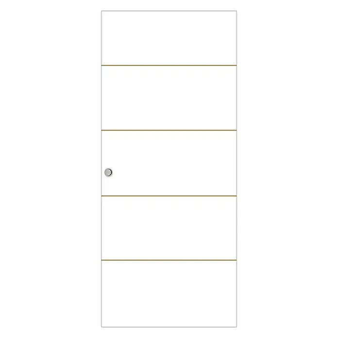 Optimum Schiebetür-Komplettset Optirail - 83 x 204 cm, Weiß, Wabe - Eine moderne, weiße Innentür mit fünf horizontalen Linien und einem silbernen Türknauf, umgeben von einem schwarzen Rahmen.