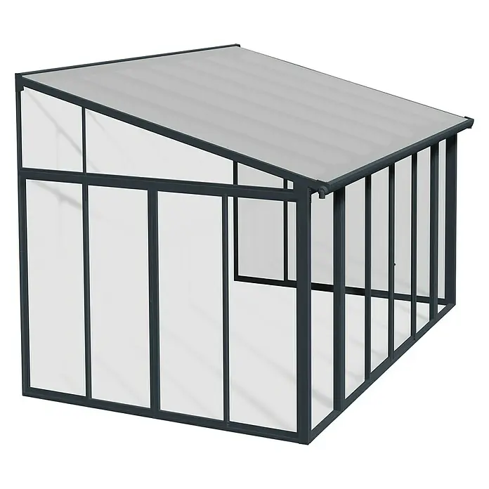 Palram – Canopia Wintergarten San Remo - B x T x H: 4,25 x 3 x 3,1 m, Anthrazitgrau - Abbildung eines Gewächshauses mit grauem Rahmen und durchsichtigen Wänden, ideal für Gartenliebhaber. Perfekt für den Anbau eigener Pflanzen.