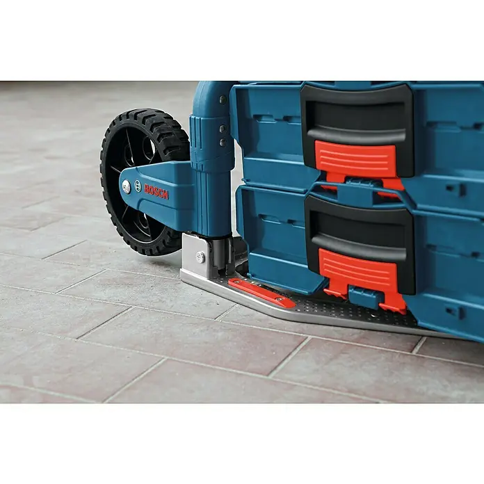 Bosch Professional Klappsackkarre Alu-Caddy - Passend für: Bosch Professional Werkzeugkoffer L-BOXX, ABS - Nahaufnahme des Bosch Sortimo Werkzeugkoffers mit Rad und Tragegriffen.