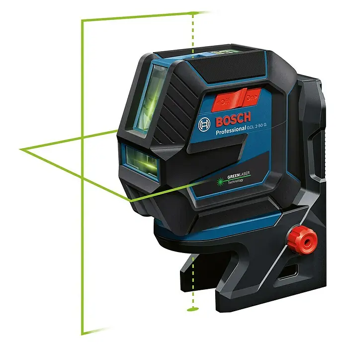 Bosch Professional Kombilaser GCL 2-50 G mit Bosch Professional Stativ BT 150 - Arbeitsbereich: 50 m (mit Empfänger) - Das Bild zeigt einen Bosch GCL 2-50 G Professional Linienlaser mit grünen Laserlinien, ideal für präzise Nivellierarbeiten.