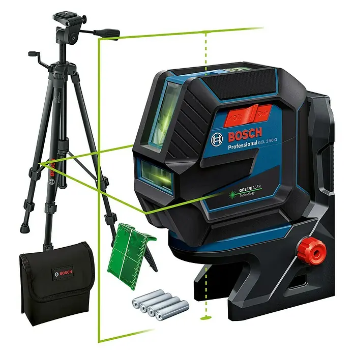 Bosch Professional Kombilaser GCL 2-50 G mit Bosch Professional Stativ BT 150 - Arbeitsbereich: 50 m (mit Empfänger) - Bosch GCL 2-50 G Professional Kreuzlinienlaser mit Stativ, Batterien und Zubehör für präzise Nivellierung im Innenbereich.