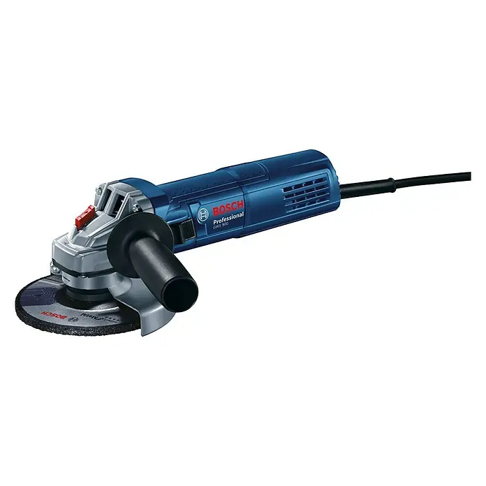 Bosch Professional Elektro-Winkelschleifer GWS 900 - 900 W, Durchmesser Scheibe: 125 mm, Leerlaufdrehzahl: 11.000 U/min - Bosch Professional GWS 900 Winkelschleifer in Blau und Silber mit Schleifscheibe und schwarzem Kabel.