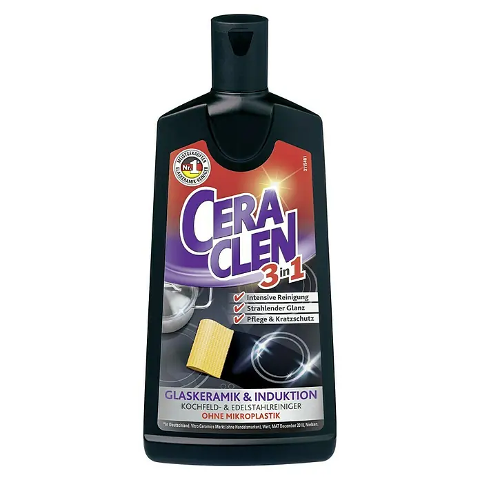Ceraclen Glaskeramik-Reiniger - 200 ml, Flasche - Abbildung einer Flasche Cera Clen 3 in 1 Glaskeramik- und Induktionsreiniger für Kochfelder und Edelstahlreinigung ohne Mikroplastik.