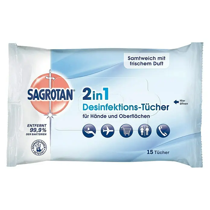 Sagrotan Desinfektionstücher Flatpack - 15 Stk. - Sagrotan 2in1 Desinfektionstücher für Hände und Oberflächen. Entfernt 99,9% der Bakterien und sorgt für eine hygienische Sauberkeit.