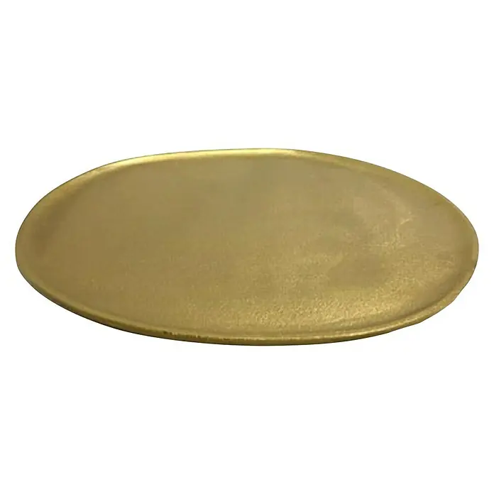 Deko-Teller Mila - Gold, Rund, Durchmesser: 21 cm - Nahaufnahme einer goldenen, ovalen Platte mit subtilen Texturen und Reflexionen.