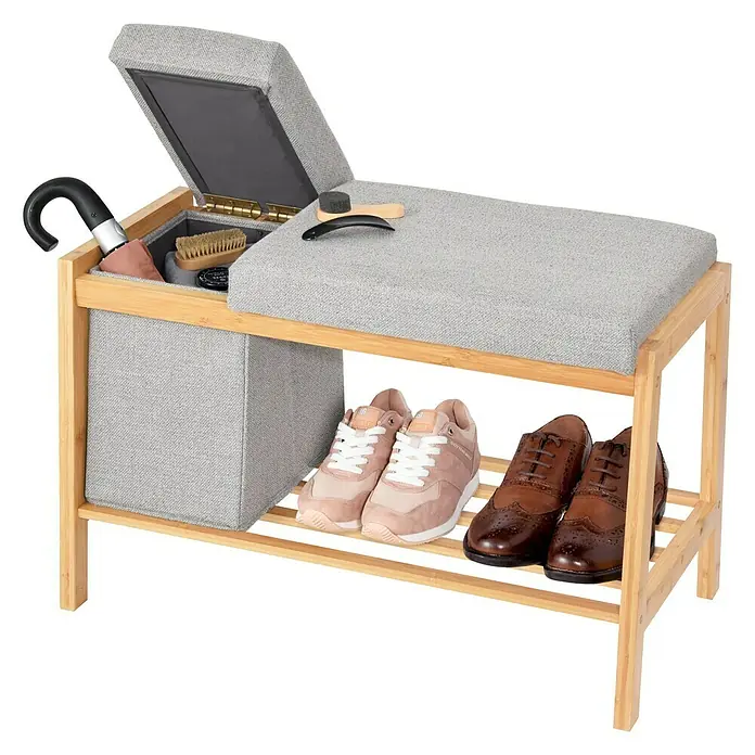 Banco zapatero - L x An x Al: 36 x 70,5 x 48 cm, Bambú, Gris/Marrón - Banco zapatero con espacio de almacenamiento y dos pares de zapatos. Almacenamiento práctico para zapatos y accesorios en la entrada.