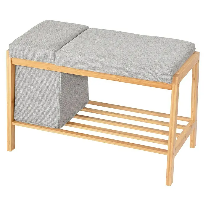 Banco zapatero - L x An x Al: 36 x 70,5 x 48 cm, Bambú, Gris/Marrón - Banco gris con zapatero de madera clara, ideal para recibidores. Combina almacenamiento práctico con asientos cómodos.