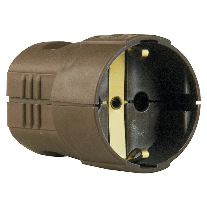 UniTEC Schutzkontakt-Kupplung - Braun, Kunststoff, IP20, 250 V - Brauner Schuko-Stecker mit Metallstiften und Erdungskontakt für sichere Stromversorgung und zuverlässige Verbindung.
